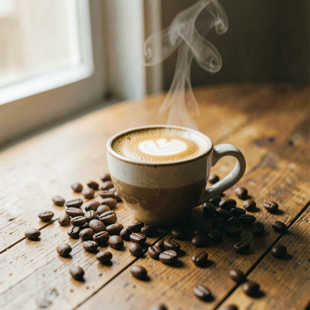 Post de Cumbre Café: una taza de café de especialidad con arte latte en forma de corazón y vapor subiendo, sobre una mesa de madera rústica rodeada de granos de café tostado, junto a una ventana.